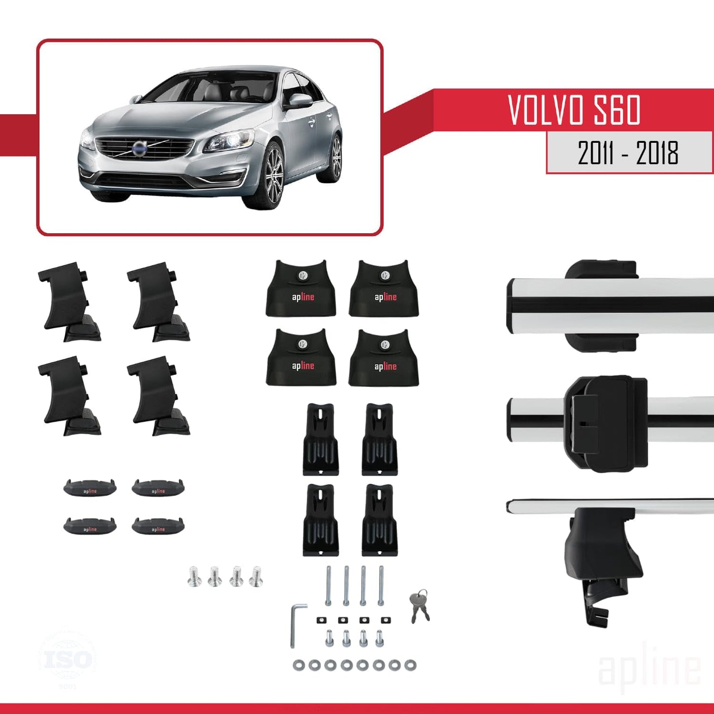 Compatible with Volvo S60 II 2011-2018 ACE-4 Car Roof Rack Cross Bar Grey Aluminium 2 Bars