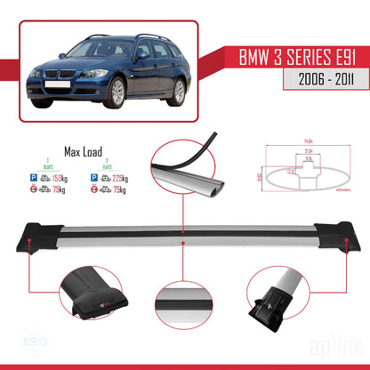 Compatible with BMW 3 Series E91 Touring 2006-2011 Fly Model Car Roof Rack Cross Bar Grey Aluminium 2 Bars