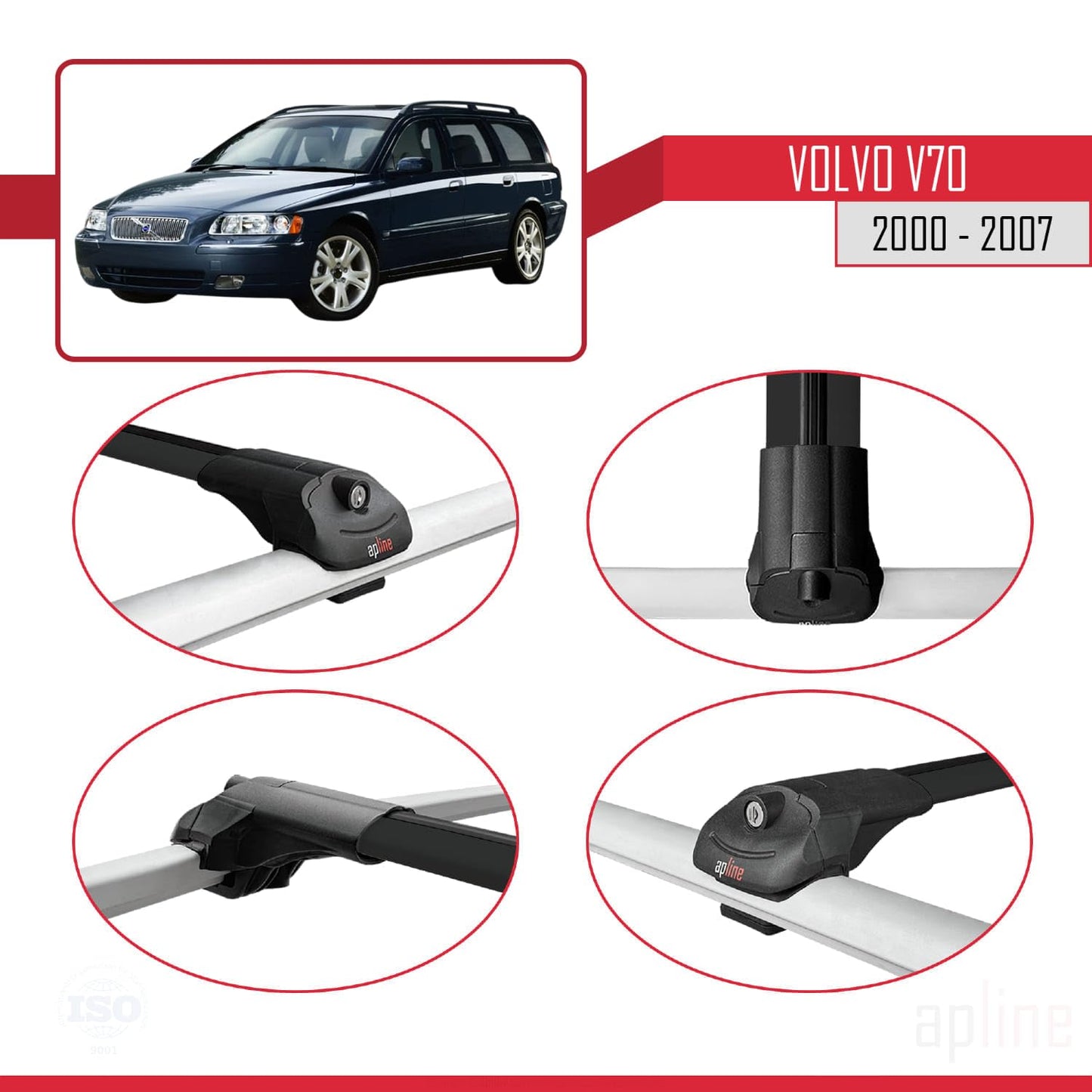 Compatible with Volvo V70 2000-2007 ACE-1 Car Roof Rack Cross Bar Black Aluminium 2 Bars
