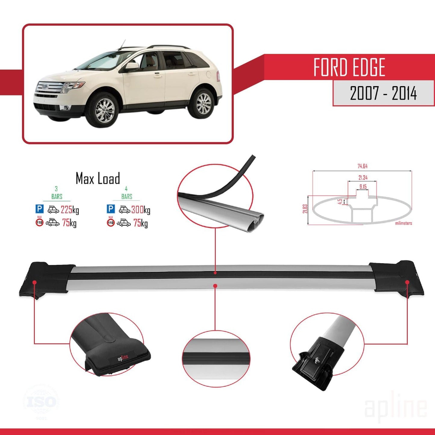 Compatible with Ford Edge 2007-2014 Fly Model Car Roof Rack Cross Bar Grey Aluminium 3 Bars