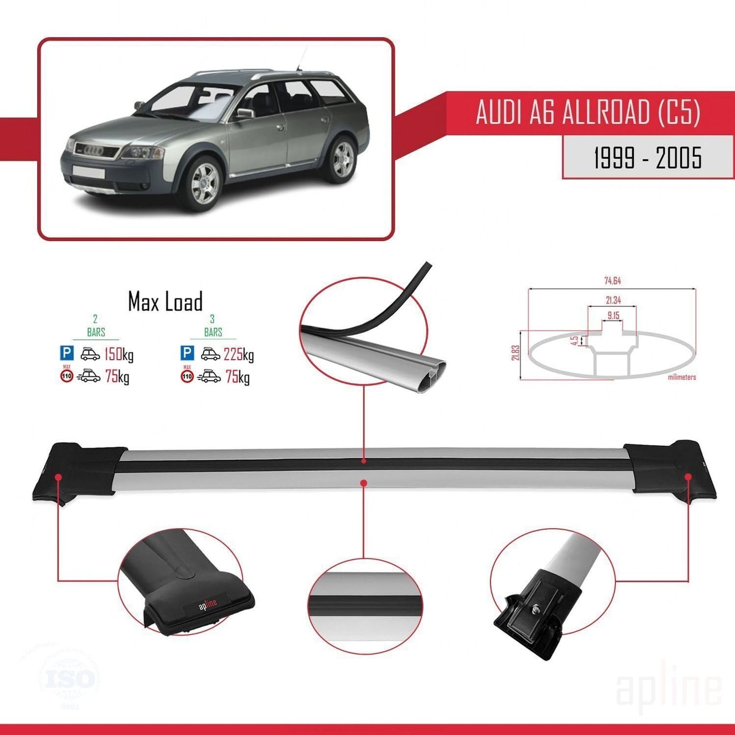 Compatible with Audi A6 (C5) Allroad 1999-2005 Fly Model Car Roof Rack Cross Bar Grey Aluminium 2 Bars