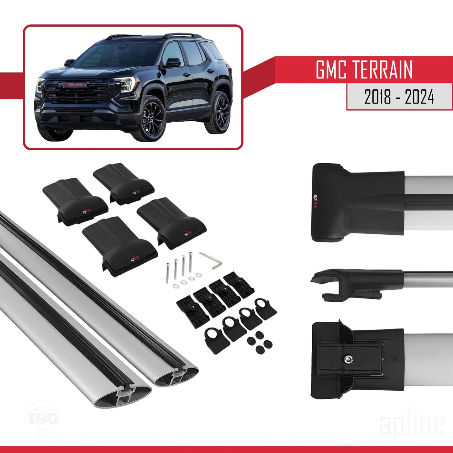 Compatible with GMC Terrain 2018-2024 Fly Model Car Roof Rack Cross Bar Grey Aluminium 2 Bars
