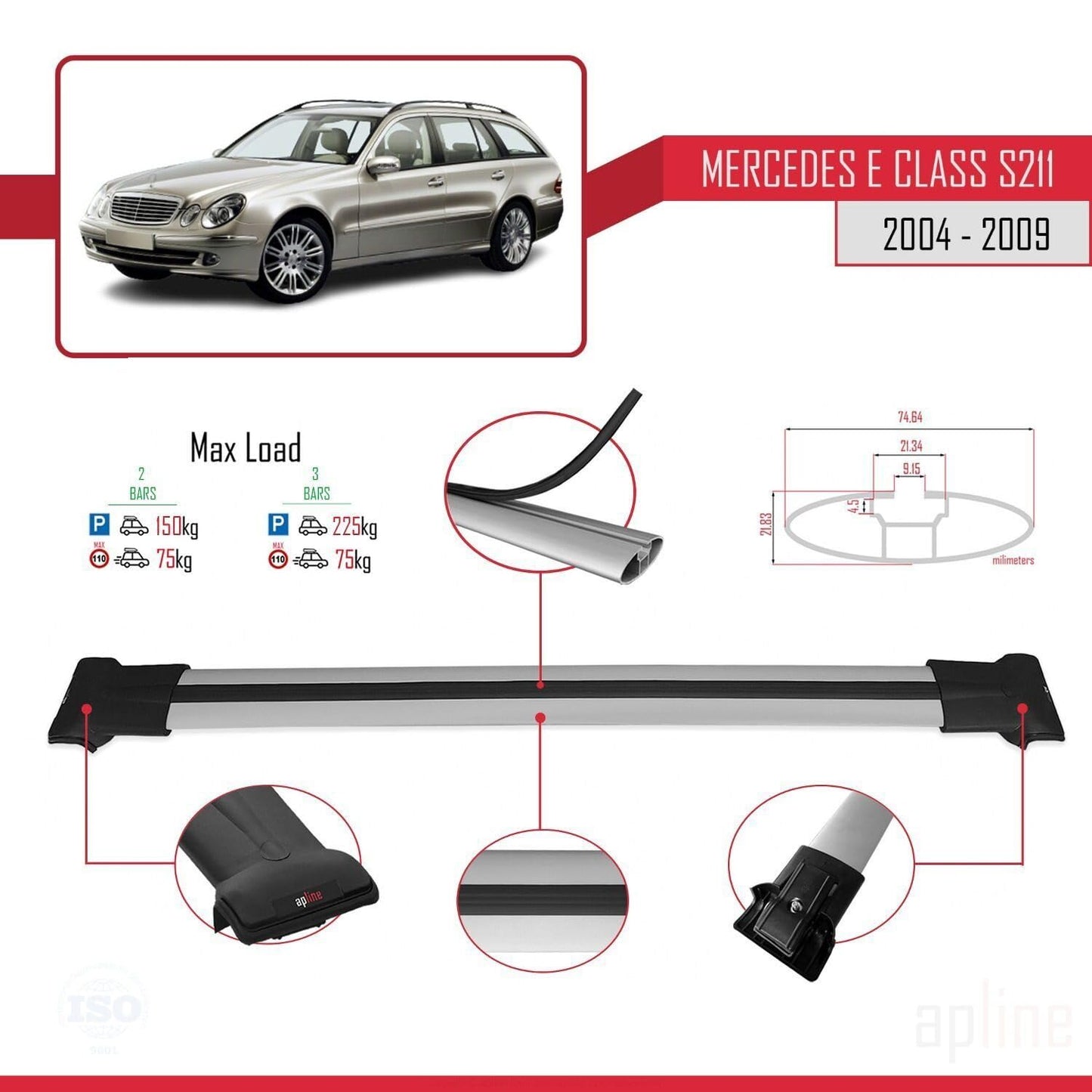 Compatible with Mercedes E Class 3 (S211) 2004-2009 Fly Model Car Roof Rack Cross Bar Grey Aluminium 2 Bars