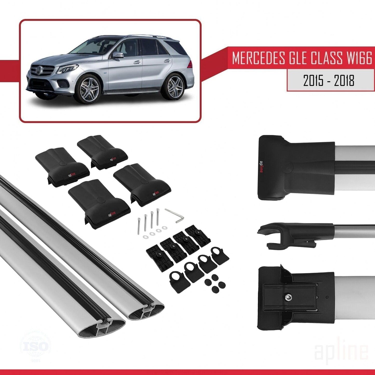 Compatible with Mercedes GLE Class 3 (W166) 2015-2018 Fly Model Car Roof Rack Cross Bar Grey Aluminium 2 Bars