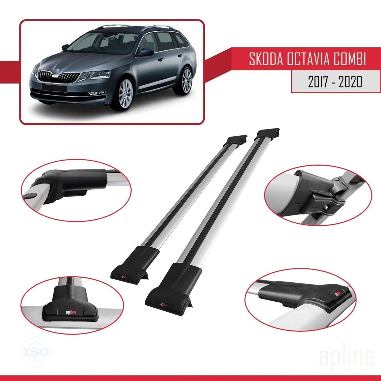 Compatible with Skoda Octavia 3 (5E) SW Post-Facelift 2017-2020 Fly Model Car Roof Rack Cross Bar Grey Aluminium 2 Bars