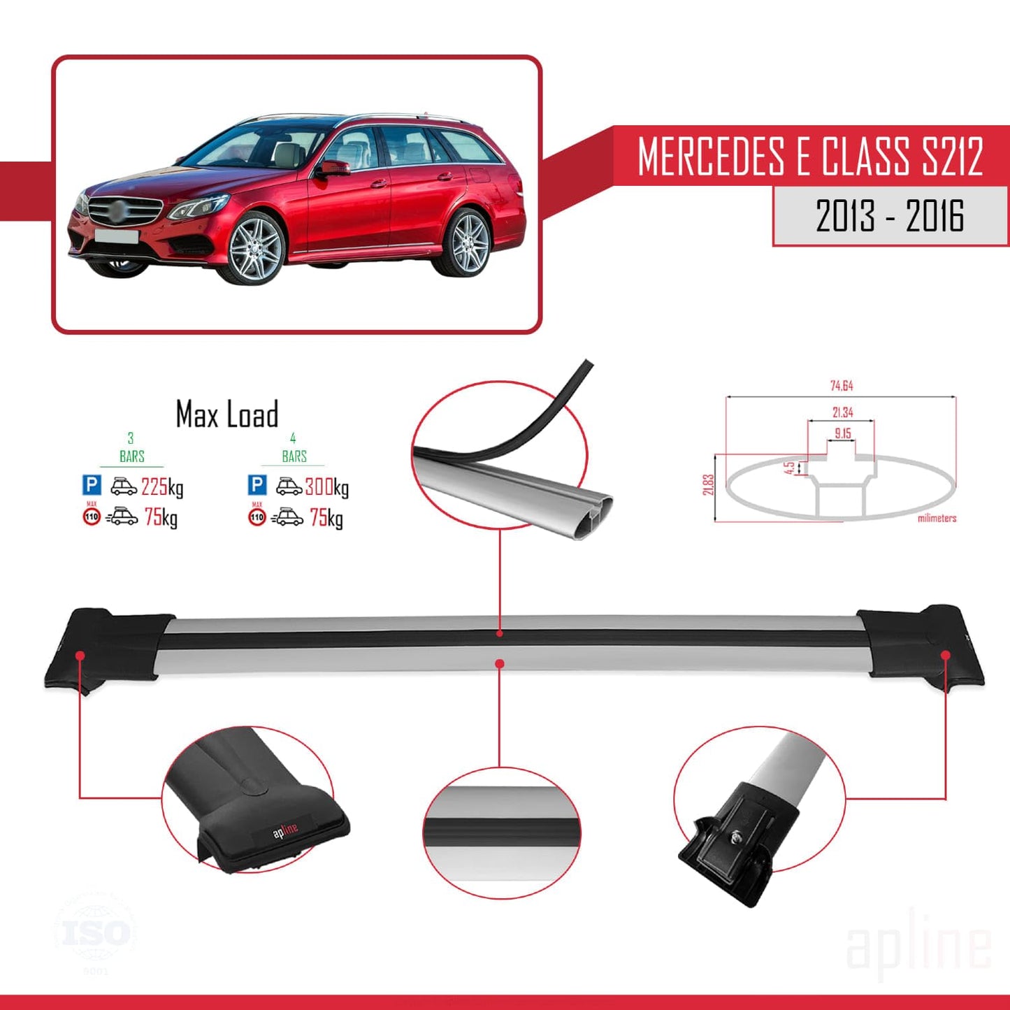 Compatible with Mercedes E Class S212 2013-2016 Fly Model Car Roof Rack Cross Bar Grey Aluminium 3 Bars