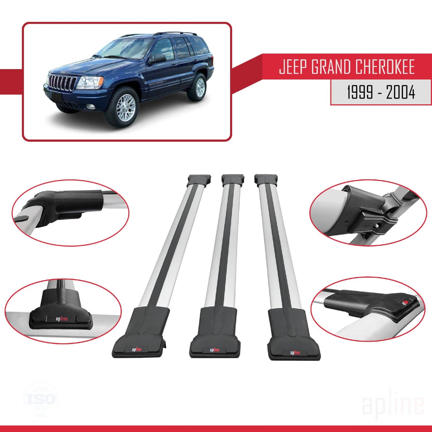 Compatible with Jeep Grand Cherokee 2 (WJ) 1999-2004 Fly Model Car Roof Rack Cross Bar Grey Aluminium 3 Bars