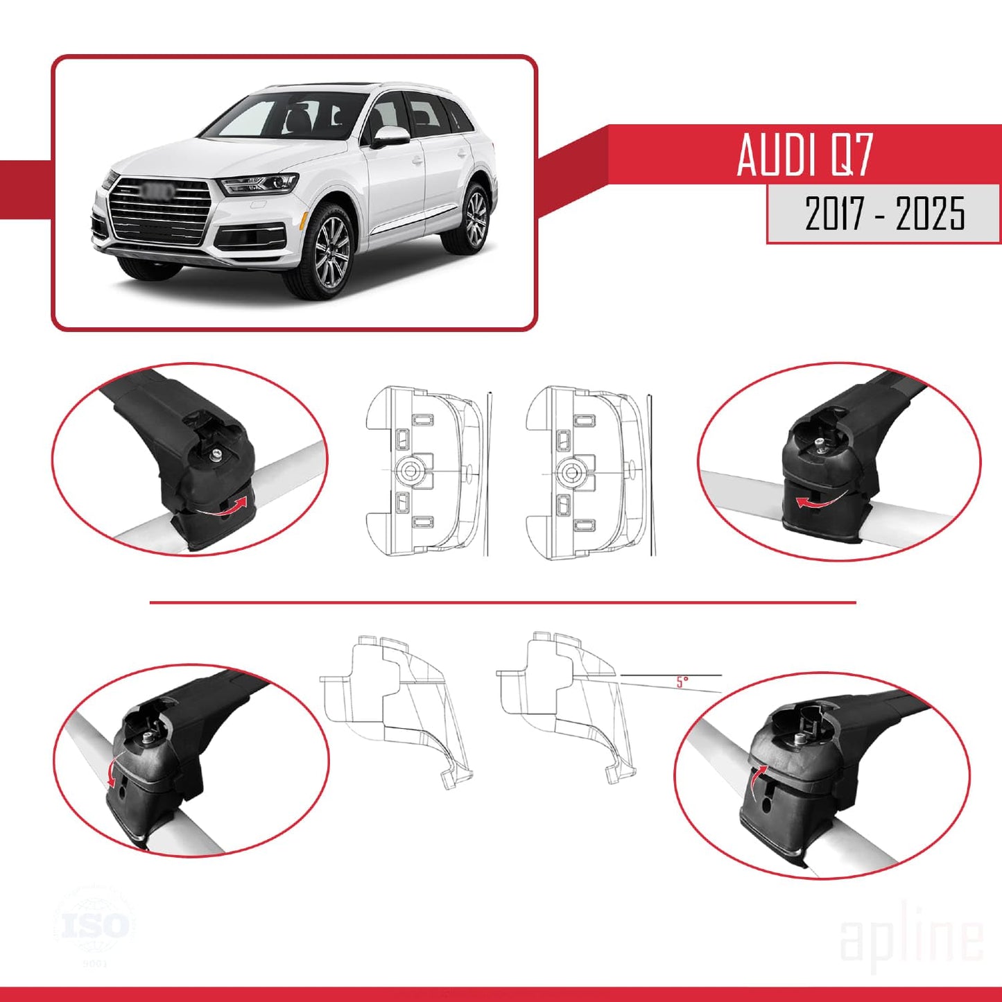 Compatible with Audi Q7 (4M) 2016-2025 ACE-2 Car Roof Rack Cross Bar Black Aluminium 2 Bars