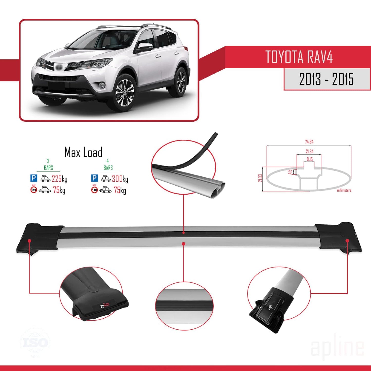 Compatible with Toyota RAV4 IV (XA40) Pre-Facelift 2013-2015 Fly Model Car Roof Rack Cross Bar Grey Aluminium 3 Bars