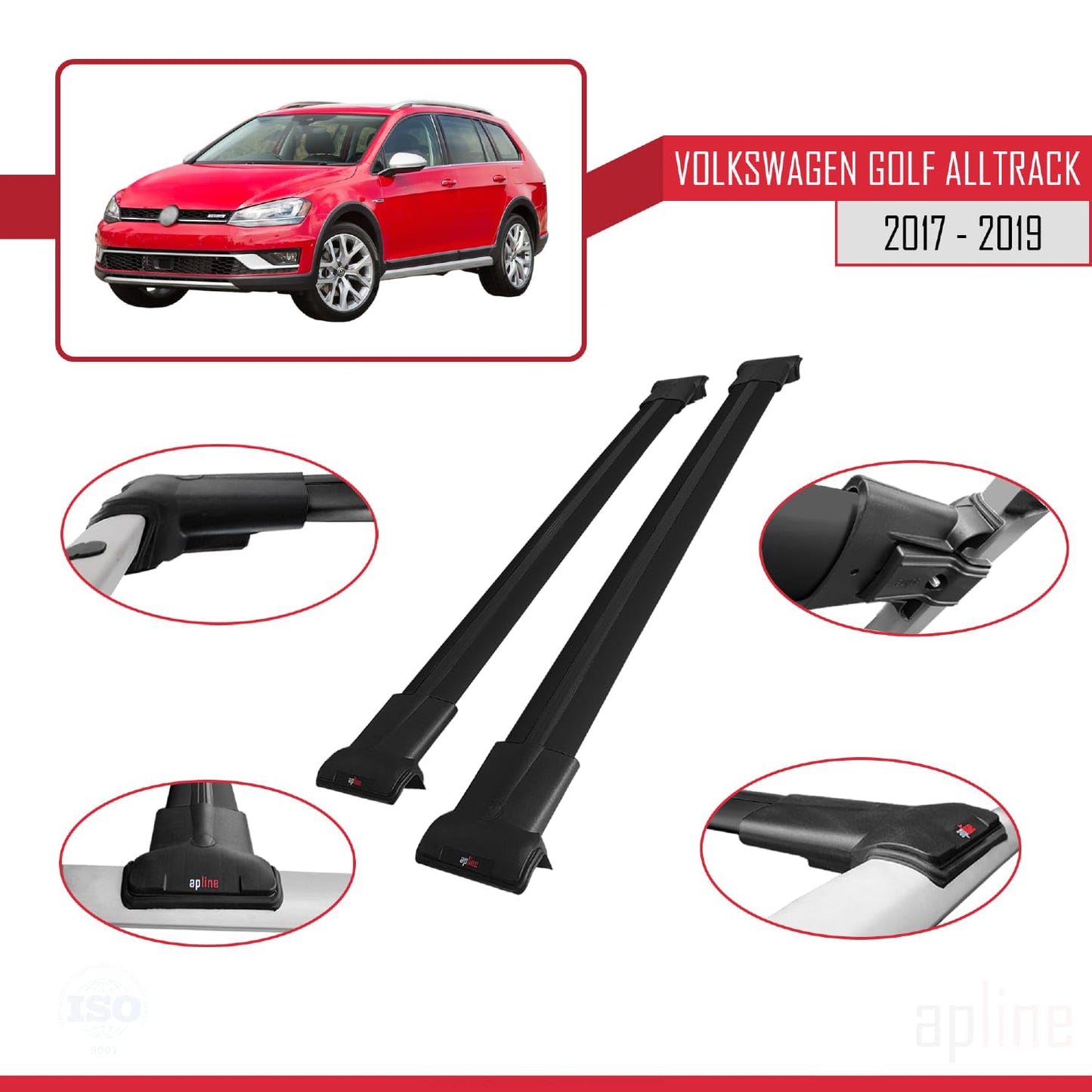 Compatible with VW Golf Alltrack Mk7 2017-2019 Fly Model Car Roof Rack Cross Bar Black Aluminium 2 Bars