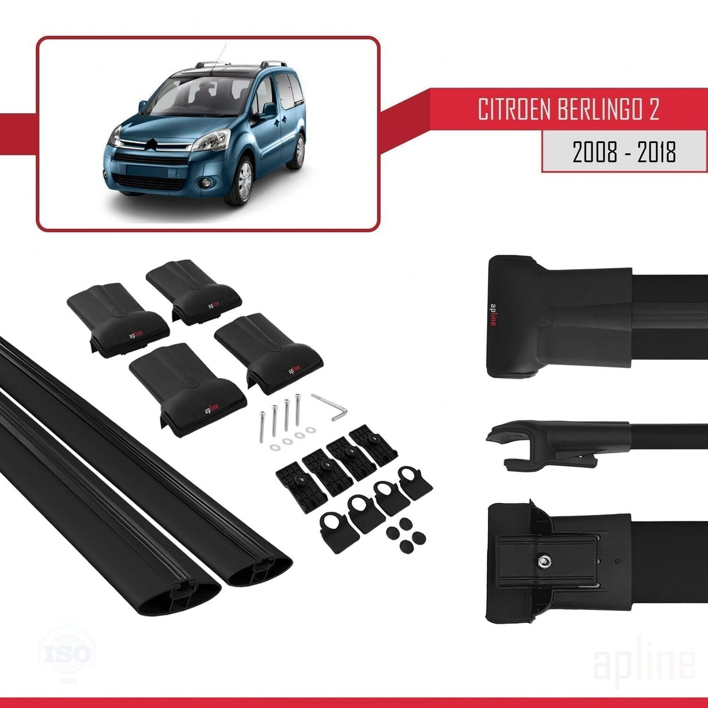 Compatible with Citroen Berlingo 2 (B9) 2008-2018 Fly Model Car Roof Rack Cross Bar Black Aluminium 2 Bars
