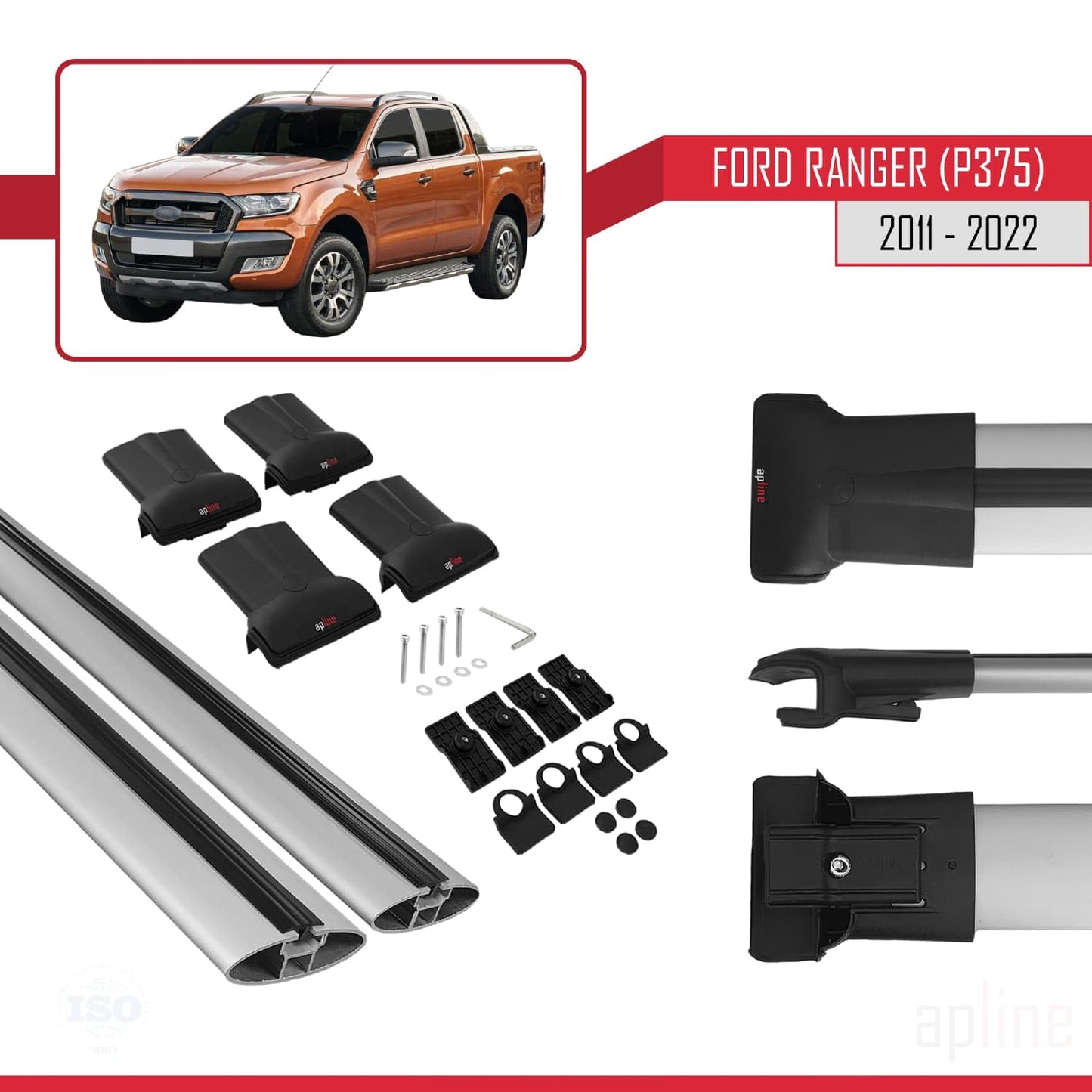 Compatible with Ford Ranger (P375) 2011-2022 Fly Model Car Roof Rack Cross Bar Grey Aluminium 2 Bars