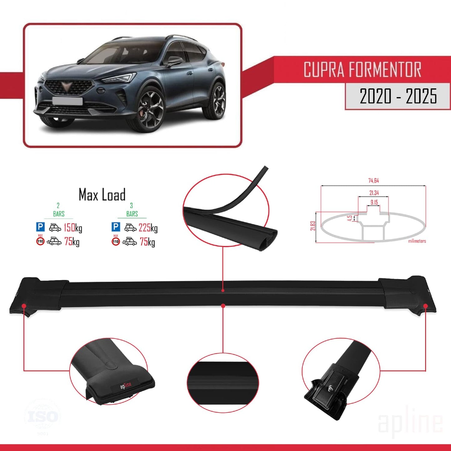 Compatible with Cupra Formentor 2020-2025 Fly Model Car Roof Rack Cross Bar Black Aluminium 2 Bars