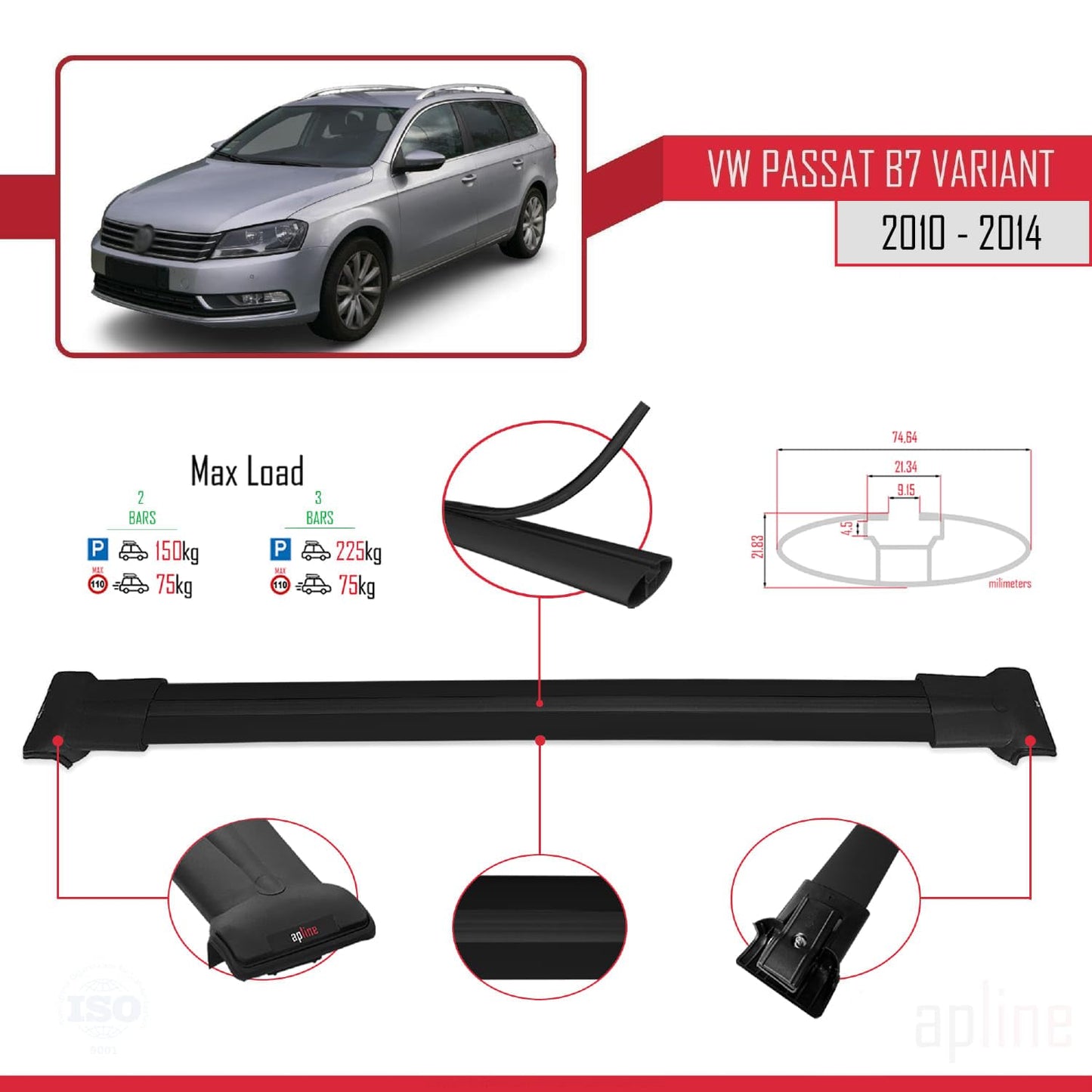 Compatible with Volkswagen Passat B7 (3C) Variant 2010-2014 Fly Model Car Roof Rack Cross Bar Black Aluminium 2 Bars