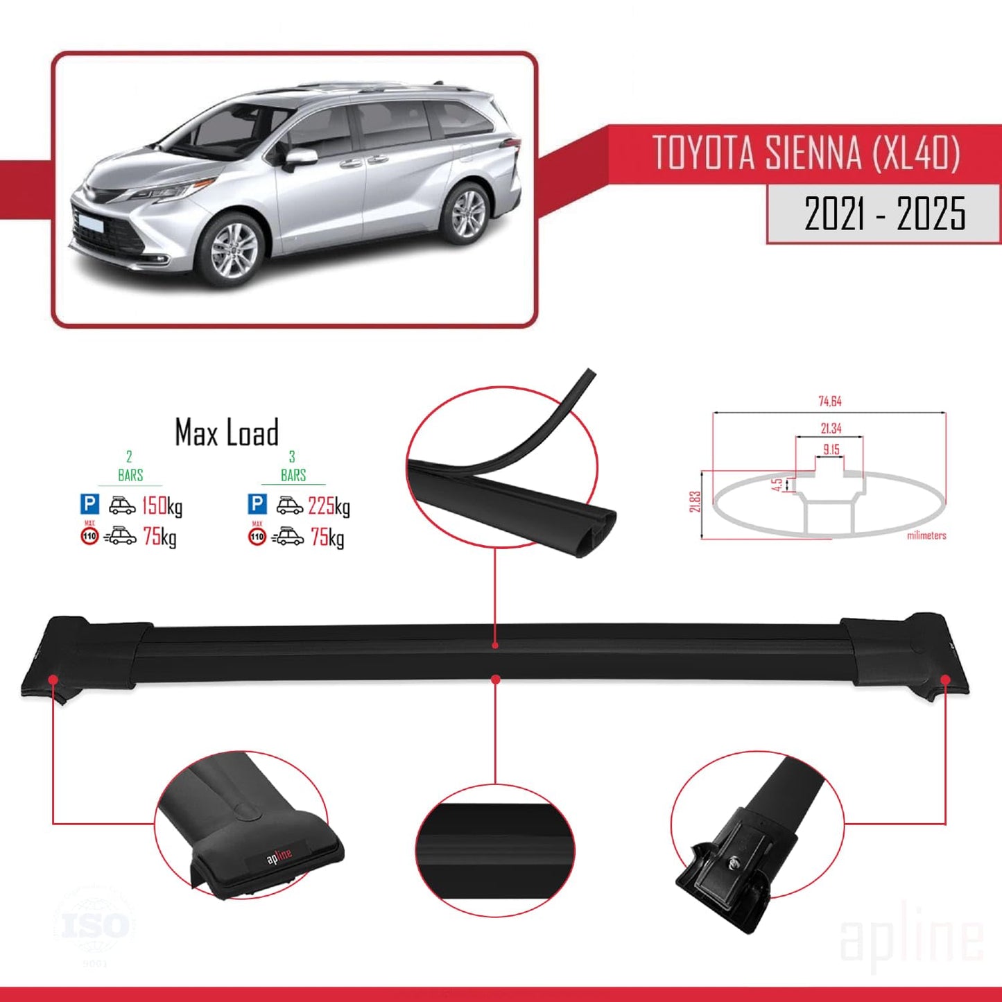 Compatible with Toyota Sienna 4 (XL40) 2021-2025 Fly Model Car Roof Rack Cross Bar Black Aluminium 2 Bars