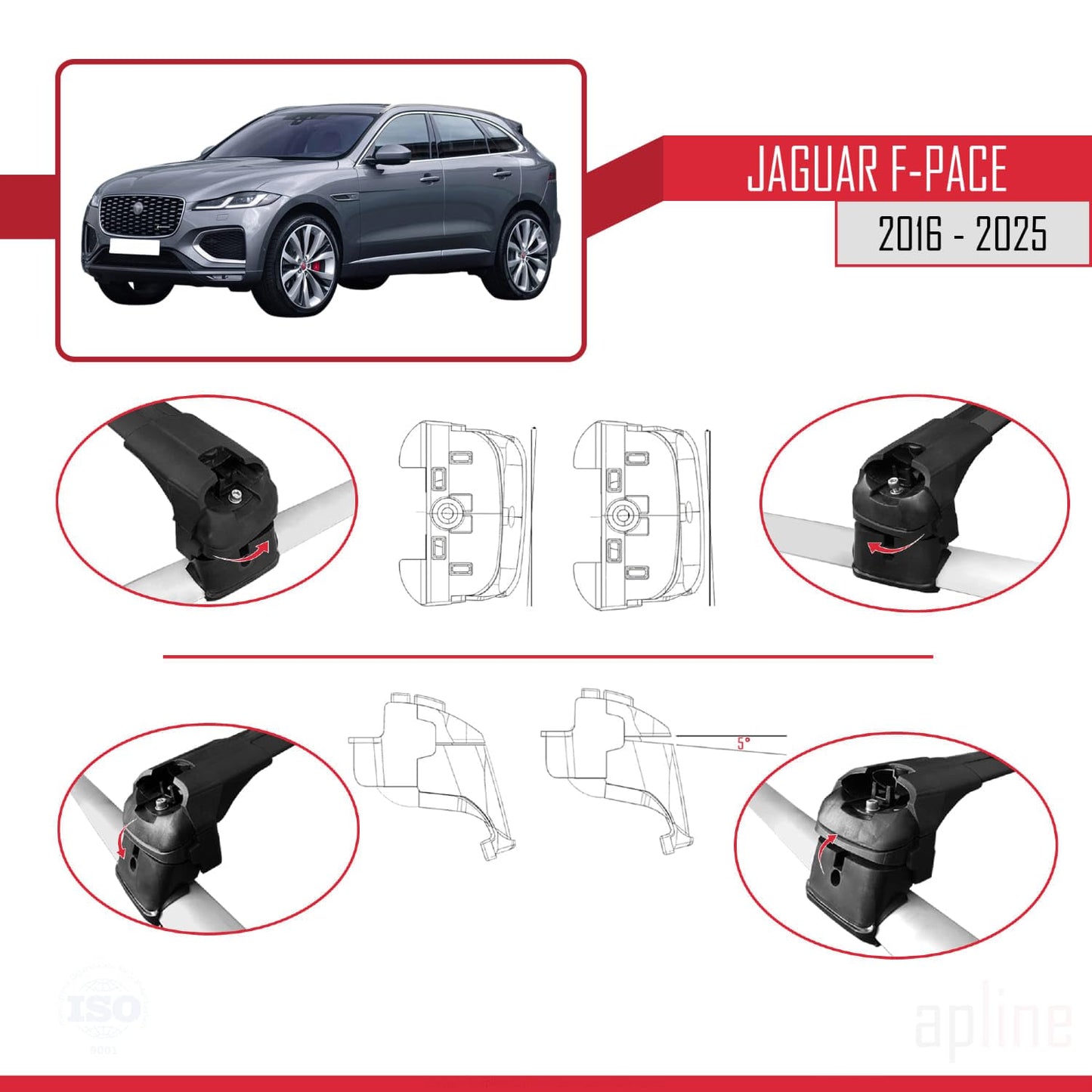 Compatible with Jaguar F-Pace (X761) 2016-2025 ACE-2 Car Roof Rack Cross Bar Black Aluminium 2 Bars