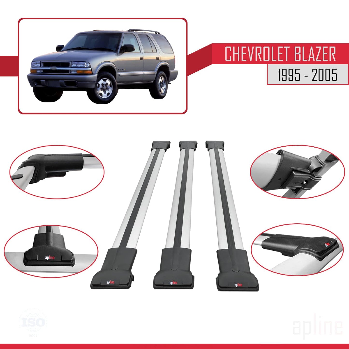 Compatible with Chevrolet Blazer 1995-2005 Fly Model Car Roof Rack Cross Bar Grey Aluminium 3 Bars