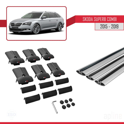 Compatible with Skoda Superb 3 (3V) SW Pre-Facelift 2015-2019 Fly Model Car Roof Rack Cross Bar Grey Aluminium 3 Bars