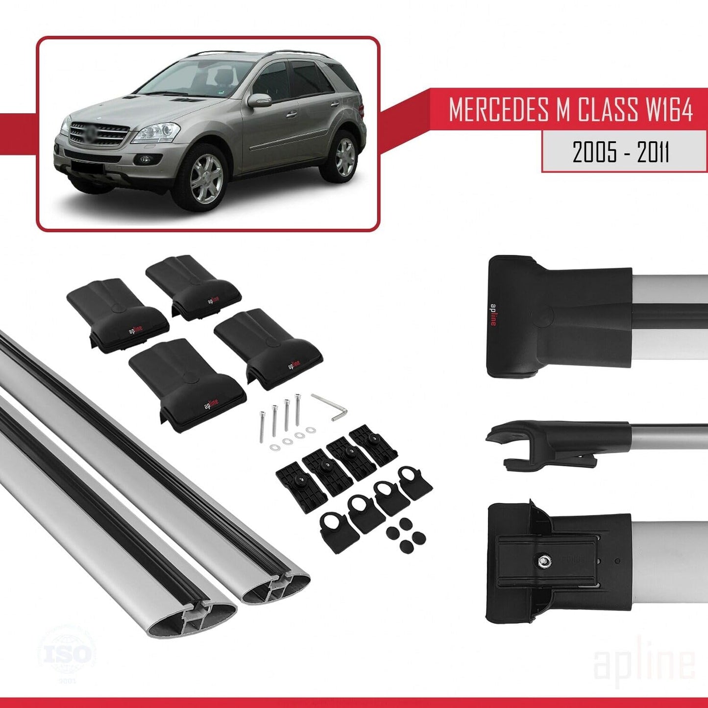 Compatible with Mercedes M Class 2 (W164) 2005-2011 Fly Model Car Roof Rack Cross Bar Grey Aluminium 2 Bars