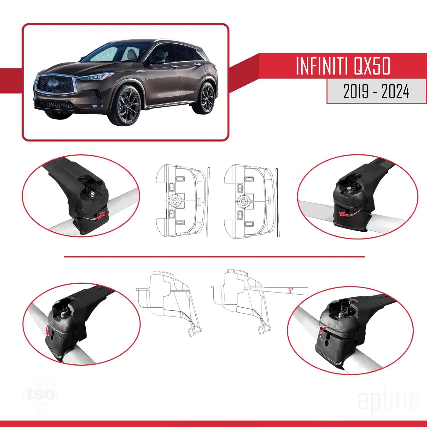Compatible with Infiniti QX50 2019-2024 ACE-2 Car Roof Rack Cross Bar Black Aluminium 2 Bars