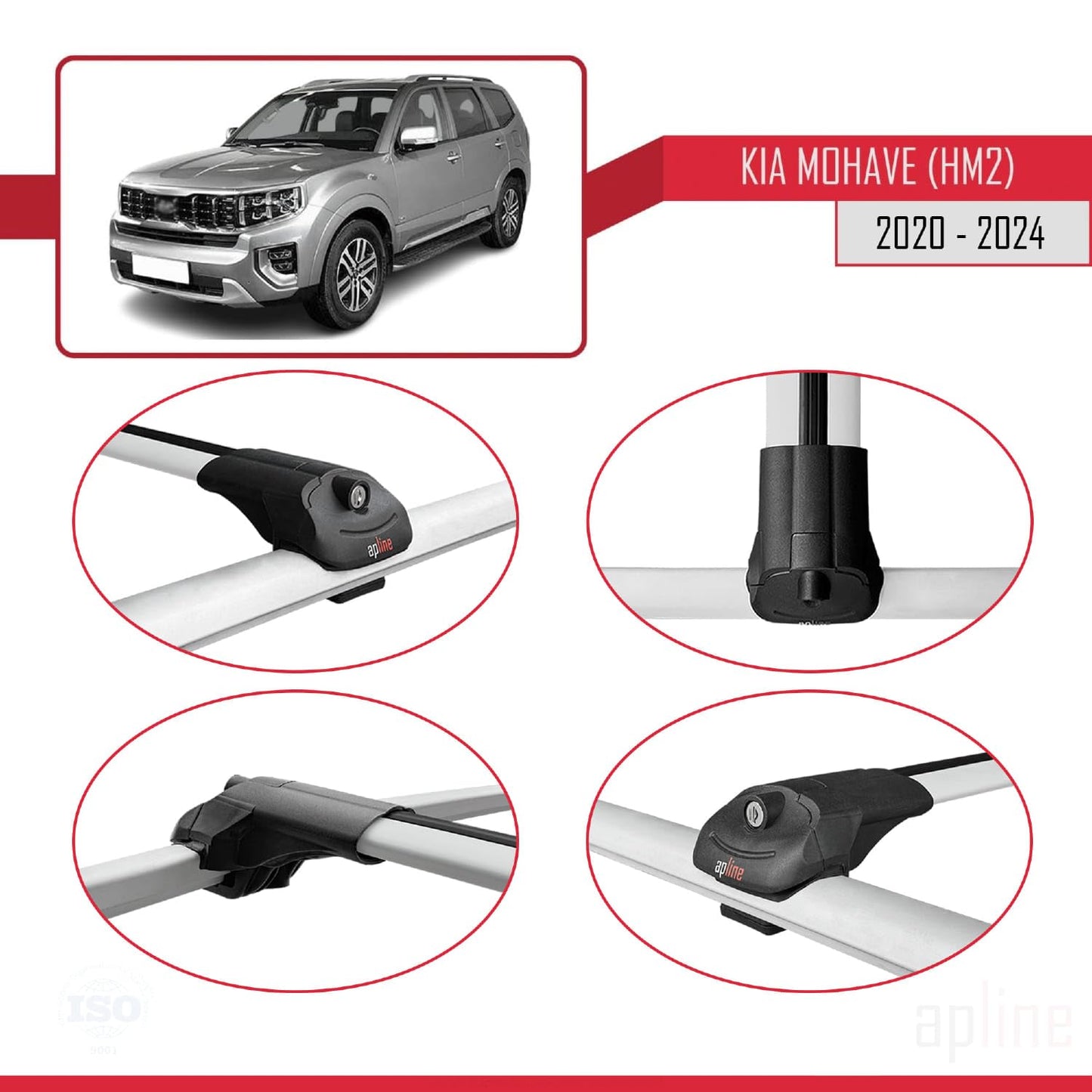 Compatible with Kia Mohave 2 (HM2) 2020-2024 ACE-1 Car Roof Rack Cross Bar Grey Aluminium 3 Bars