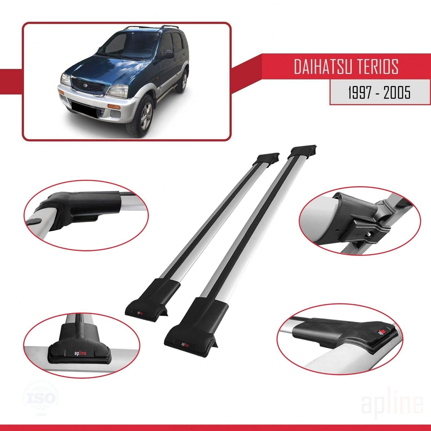 Compatible with Daihatsu Terios (J100) 1997-2005 Fly Model Car Roof Rack Cross Bar Grey Aluminium 2 Bars