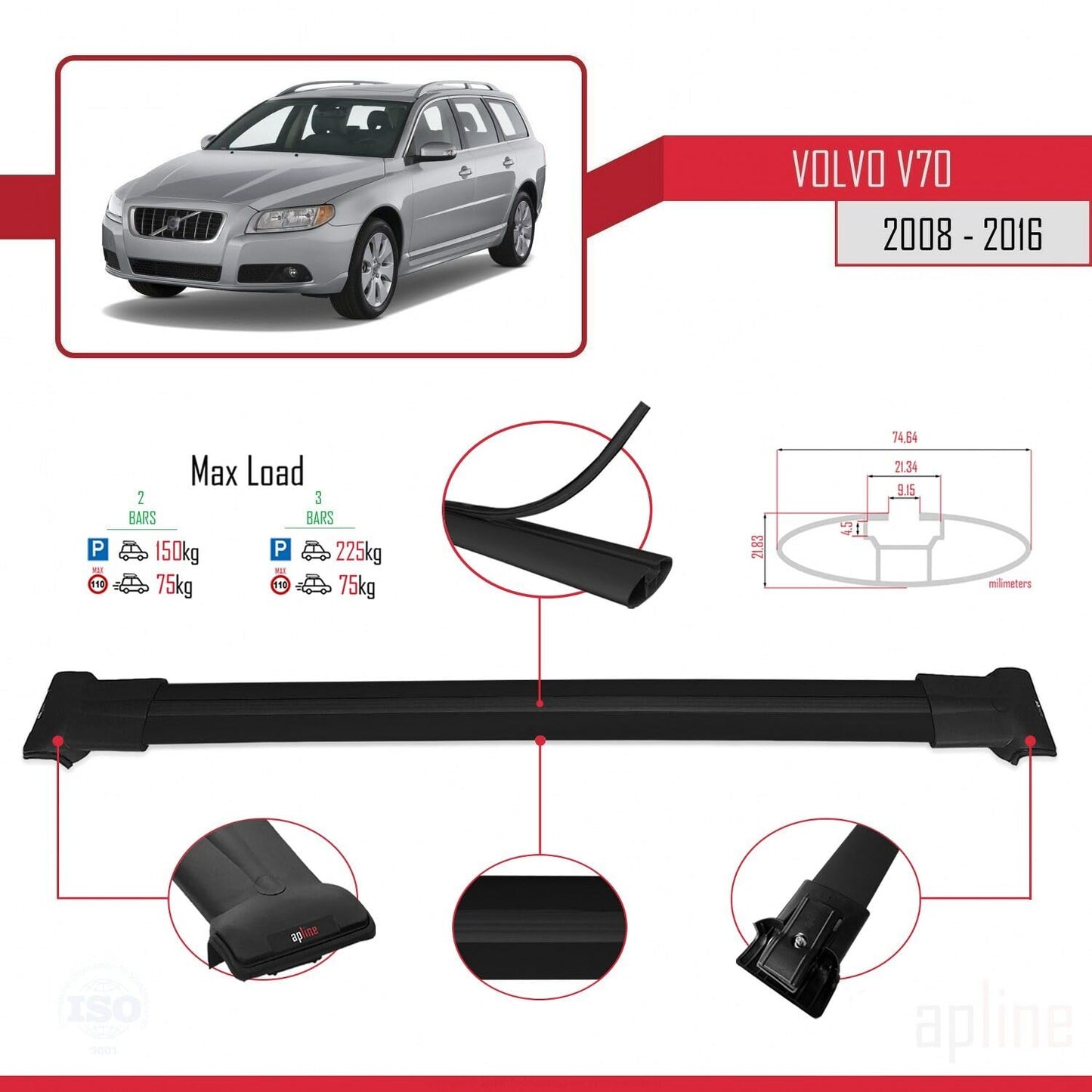 Compatible with Volvo V70 III 2008-2016 Fly Model Car Roof Rack Cross Bar Black Aluminium 2 Bars