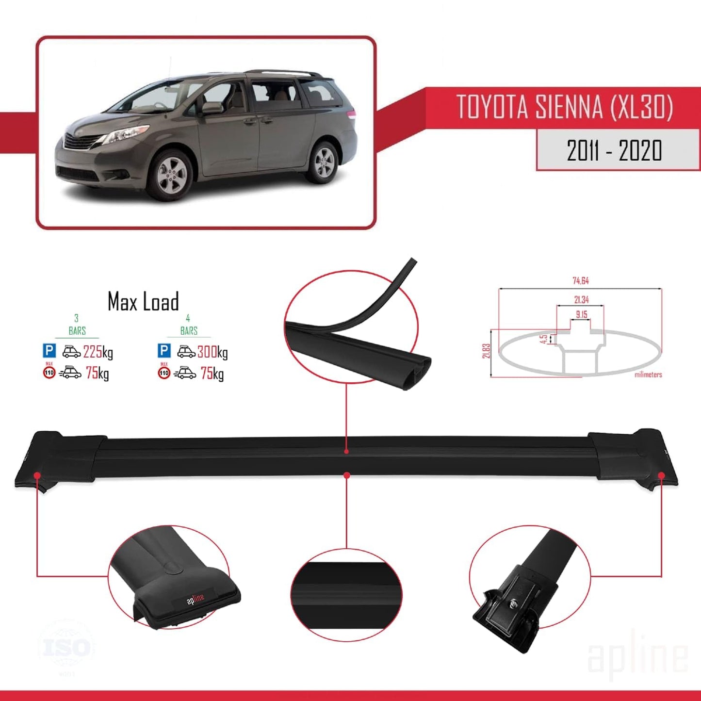 Compatible with Toyota Sienna 3 (XL30) 2011-2020 Fly Model Car Roof Rack Cross Bar Black Aluminium 3 Bars