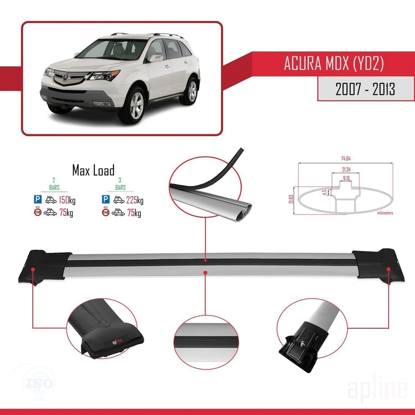 Compatible with Acura MDX (YD2) 2007-2013 Fly Model Car Roof Rack Cross Bar Grey Aluminium 2 Bars