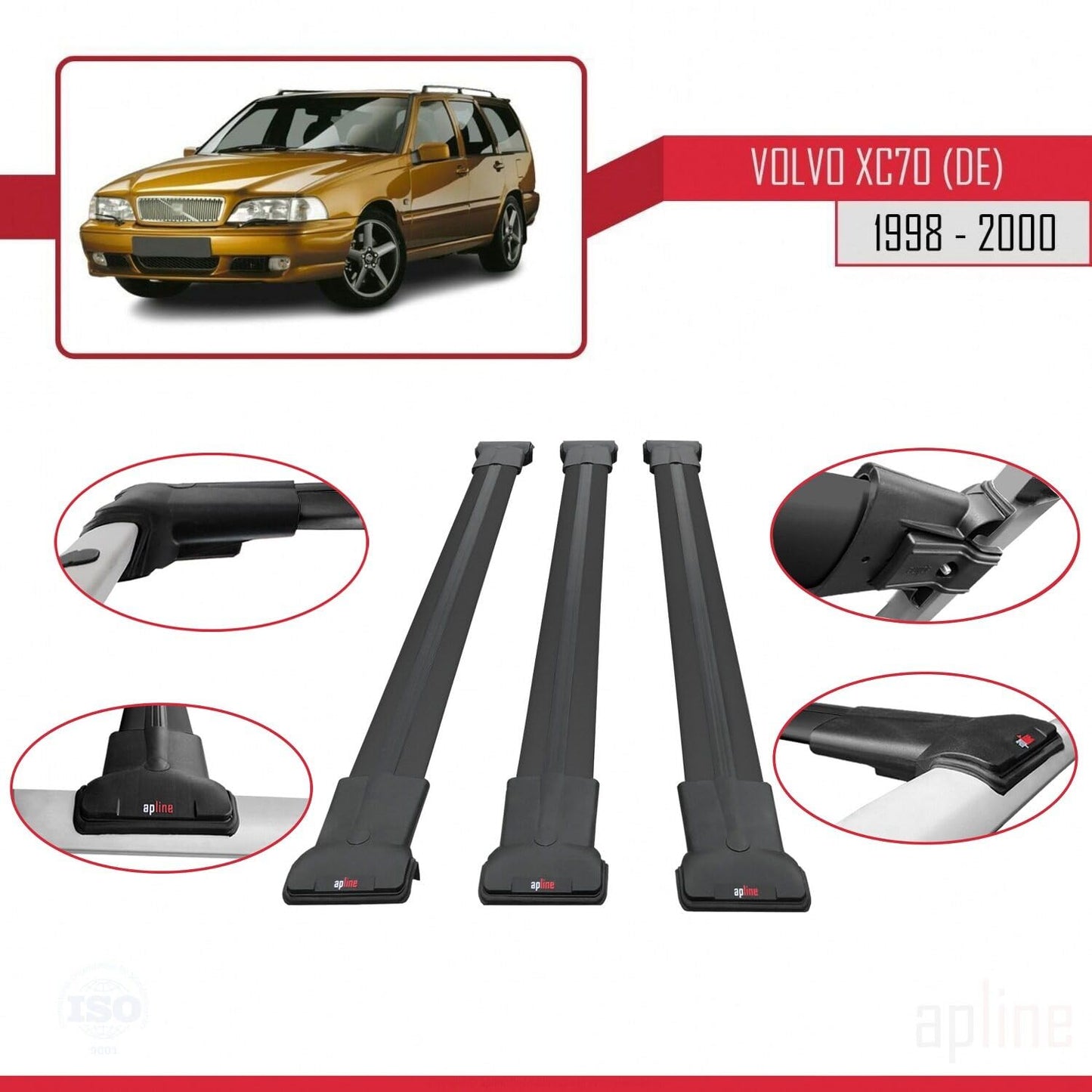Compatible with Volvo XC70 1998-2000 Fly Model Car Roof Rack Cross Bar Black Aluminium 3 Bars