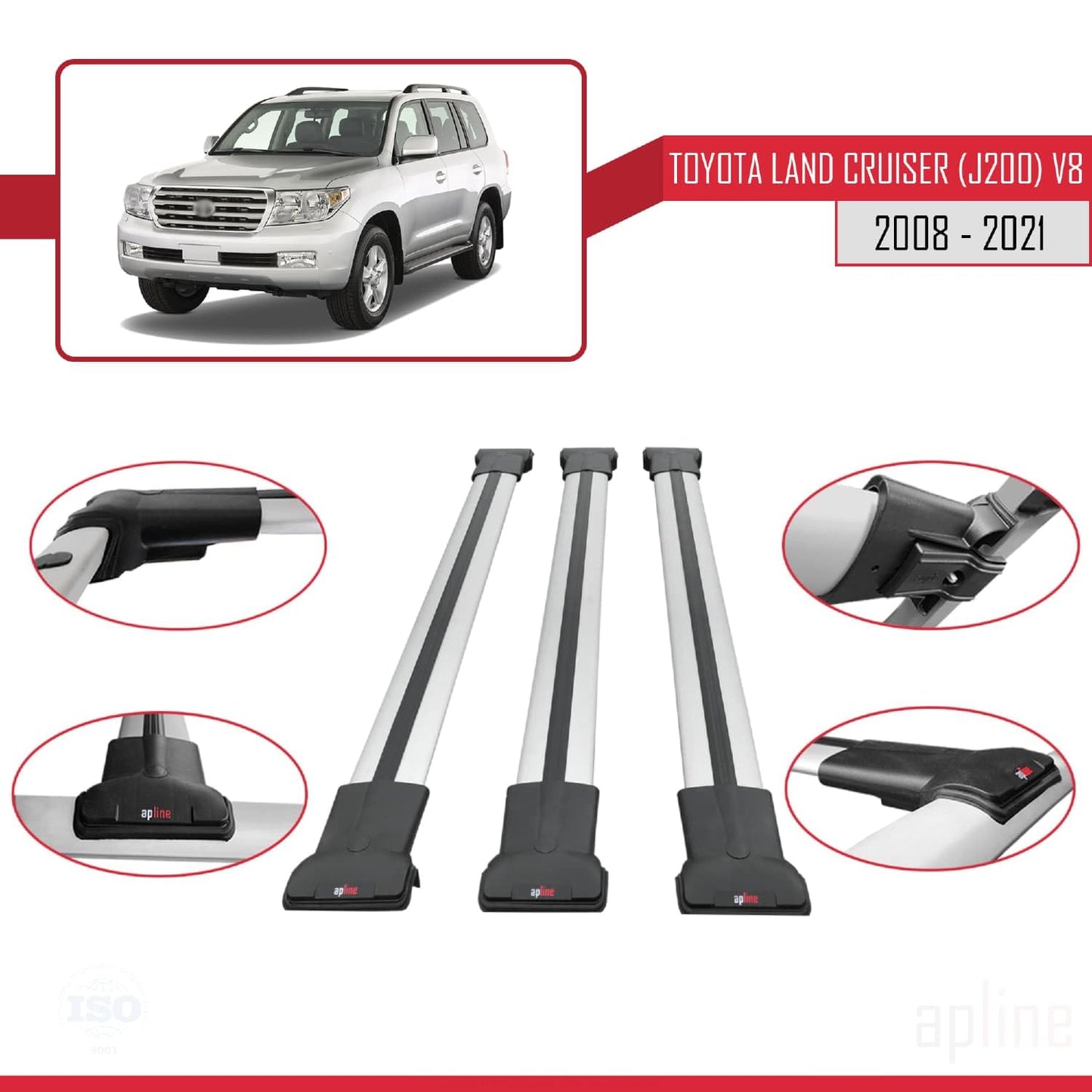Compatible with Toyota Land Cruiser V8 (J200) 2008-2021 Fly Model Car Roof Rack Cross Bar Grey Aluminium 3 Bars