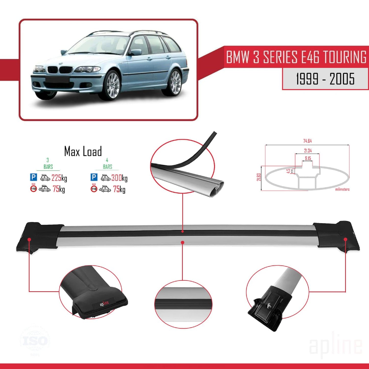 Compatible with BMW 3 Series (E46) Touring 1999-2005 Fly Model Car Roof Rack Cross Bar Grey Aluminium 3 Bars