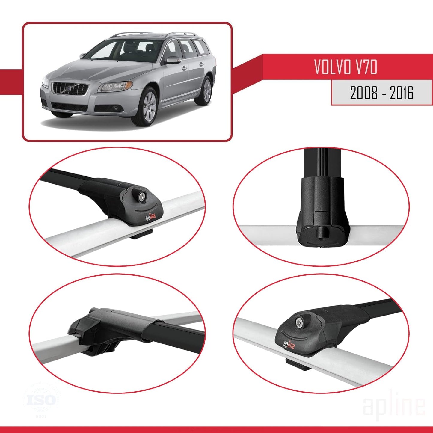 Compatible with Volvo V70 III 2008-2016 ACE-1 Car Roof Rack Cross Bar Black Aluminium 3 Bars