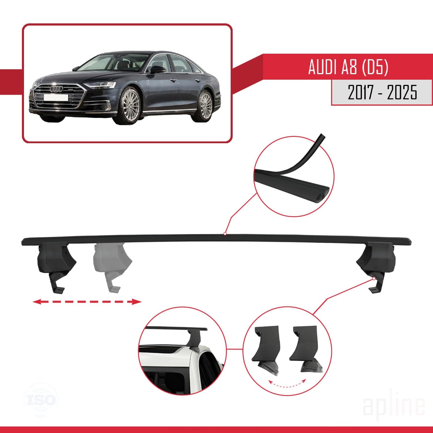 Compatible with Audi A8 (D5/4N) 2017-2025 ACE-4 Car Roof Rack Cross Bar Black Aluminium 2 Bars