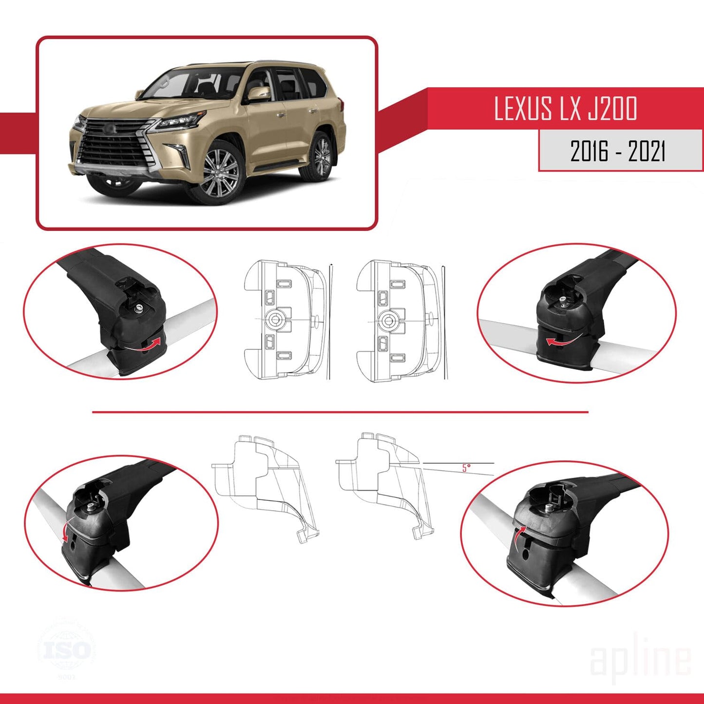 Compatible with Lexus LX 3 (J200) 2016-2021 ACE-2 Car Roof Rack Cross Bar Black Aluminium 2 Bars