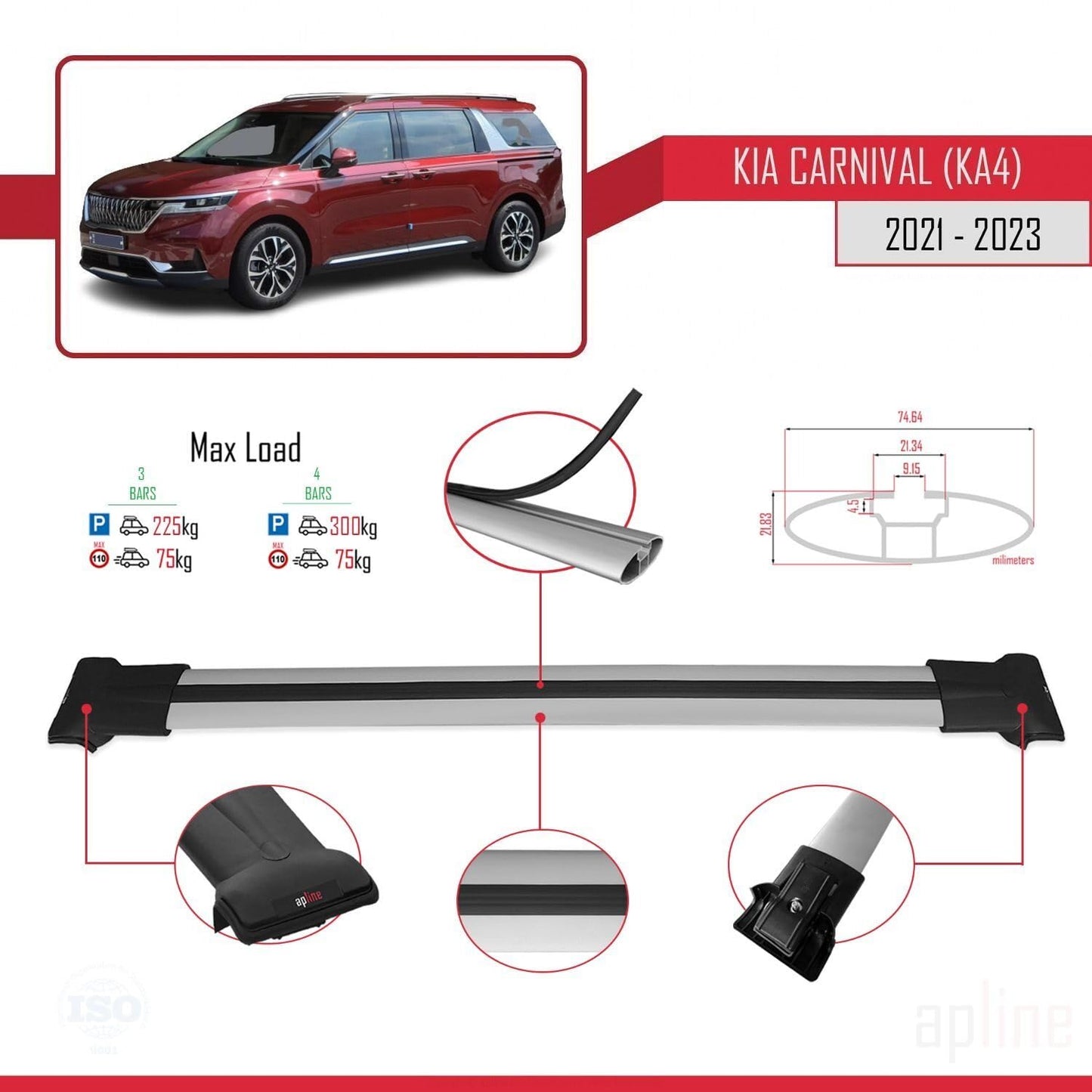 Compatible with Kia Carnival 4 (KA4) 2021-2023 Fly Model Car Roof Rack Cross Bar Grey Aluminium 3 Bars
