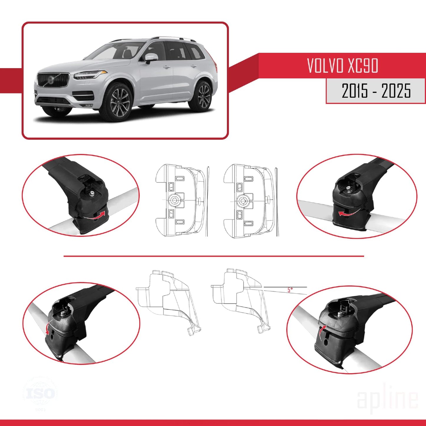 Compatible with Volvo XC90 II 2015-2025 ACE-2 Car Roof Rack Cross Bar Black Aluminium 2 Bars