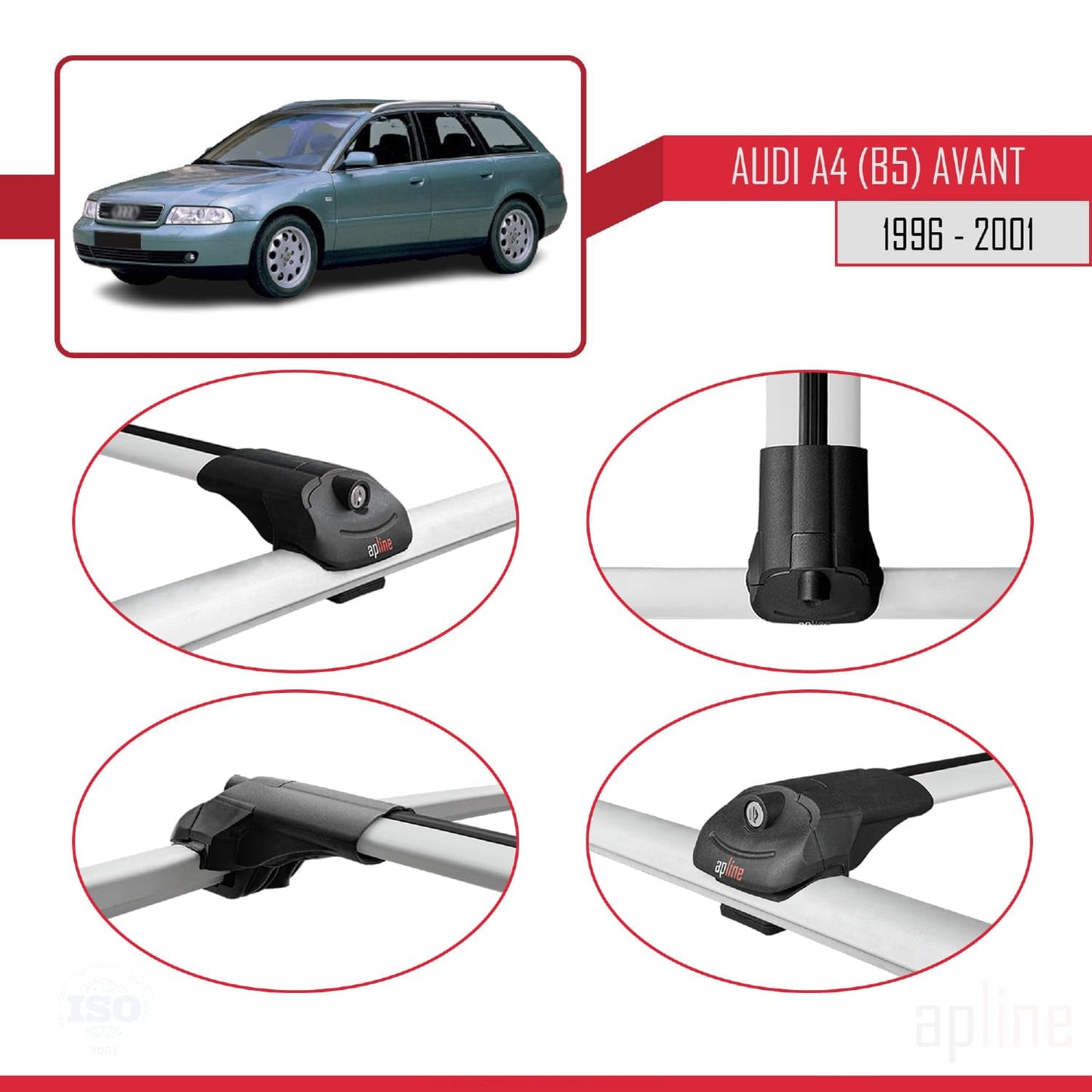 Compatible with Audi A4 (B5) Avant 1996-2001 ACE-1 Car Roof Rack Cross Bar Grey Aluminium 2 Bars