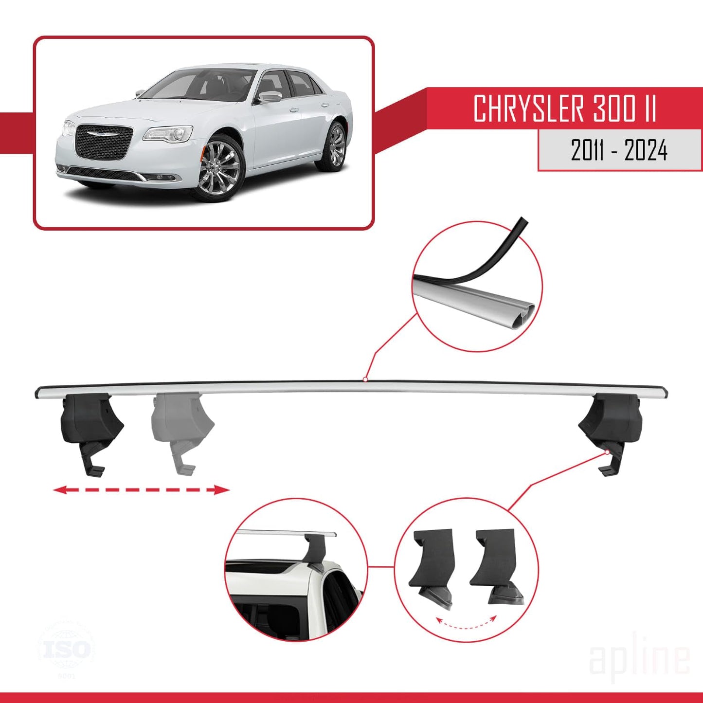 Compatible with Chrysler 300 II (LD) 2011-2023 ACE-4 Car Roof Rack Cross Bar Grey Aluminium 2 Bars