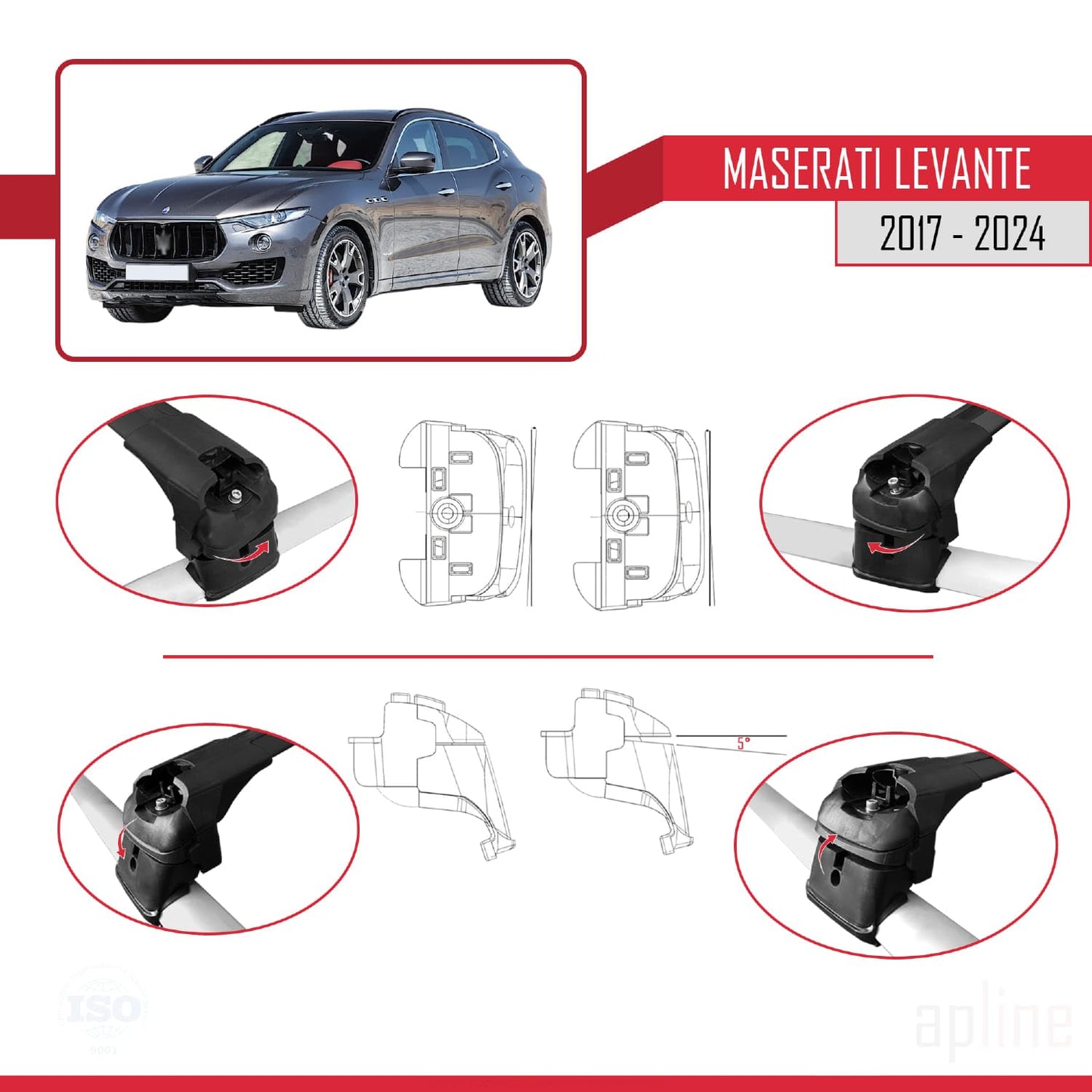 Compatible with Maserati Levante 2017-2024 ACE-2 Car Roof Rack Cross Bar Black Aluminium 2 Bars
