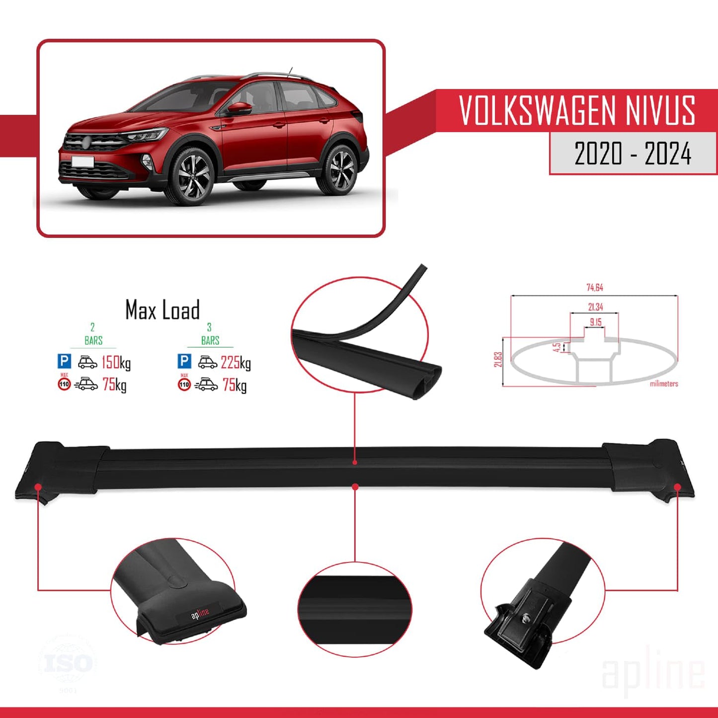 Compatible with VW Nivus 2020-2024 Fly Model Car Roof Rack Cross Bar Black Aluminium 2 Bars