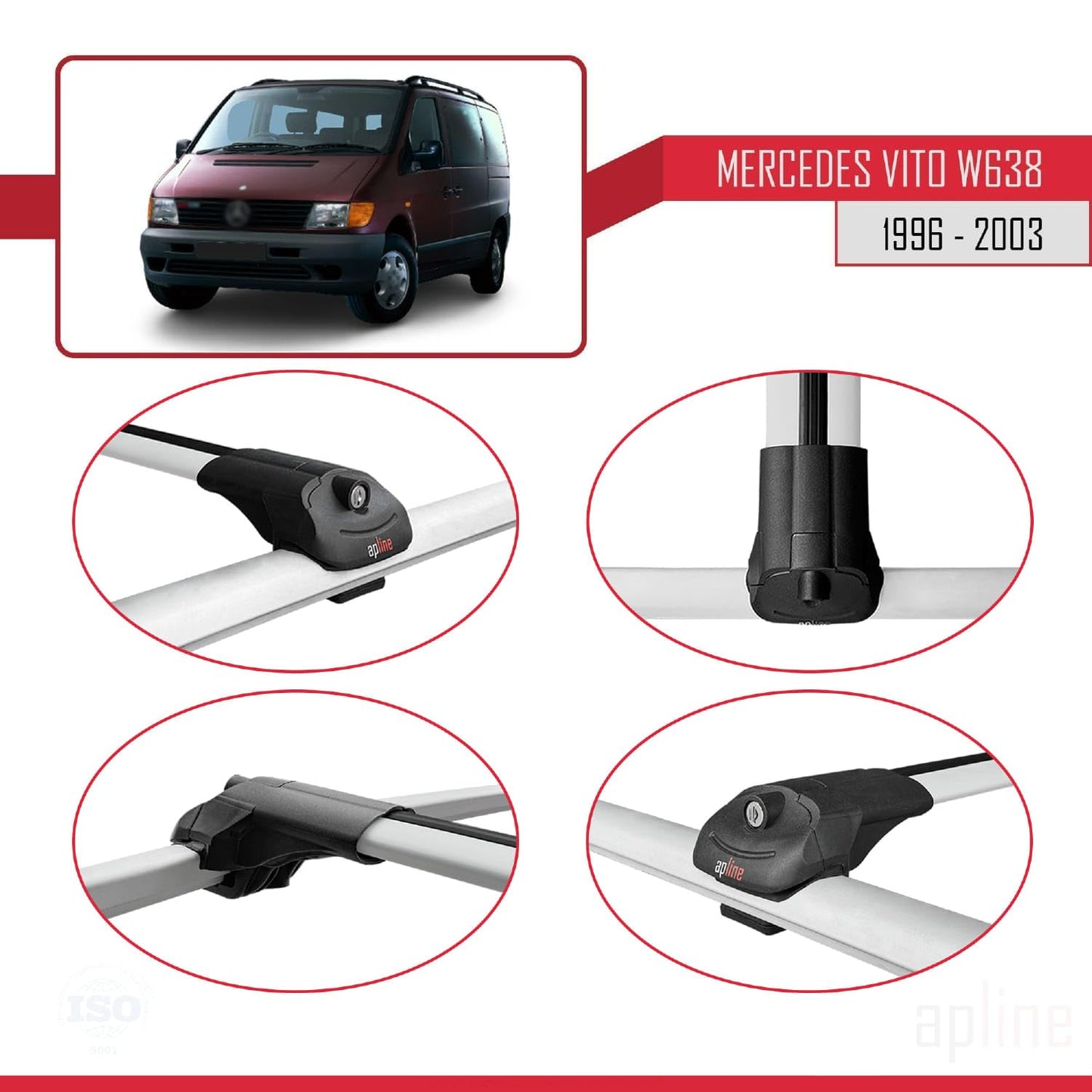 Compatible with Mercedes Vito (W638) 1996-2003 ACE-1 Car Roof Rack Cross Bar Grey Aluminium 4 Bars