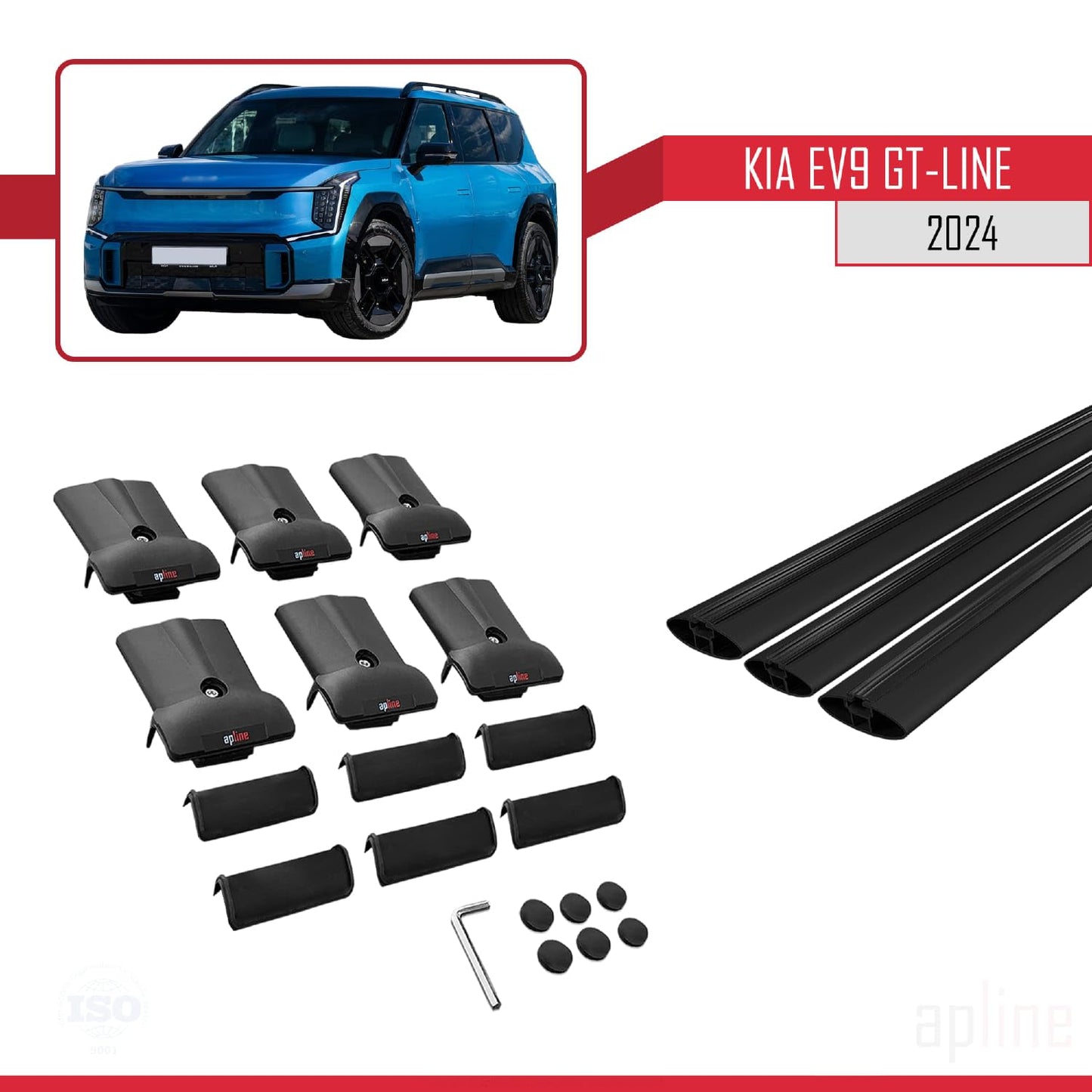 Compatible with KIA EV9 GT-LINE 2024-2025 Fly Model Car Roof Rack Cross Bar Black Aluminium 3 Bars