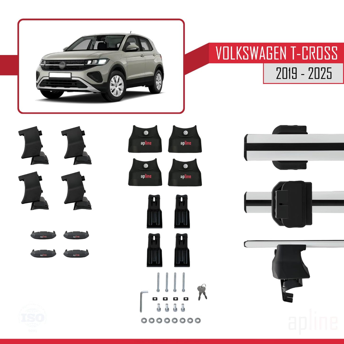 Compatible with Volkswagen T-Cross (C11) 2019-2025 ACE-4 Car Roof Rack Cross Bar Grey Aluminium 2 Bars