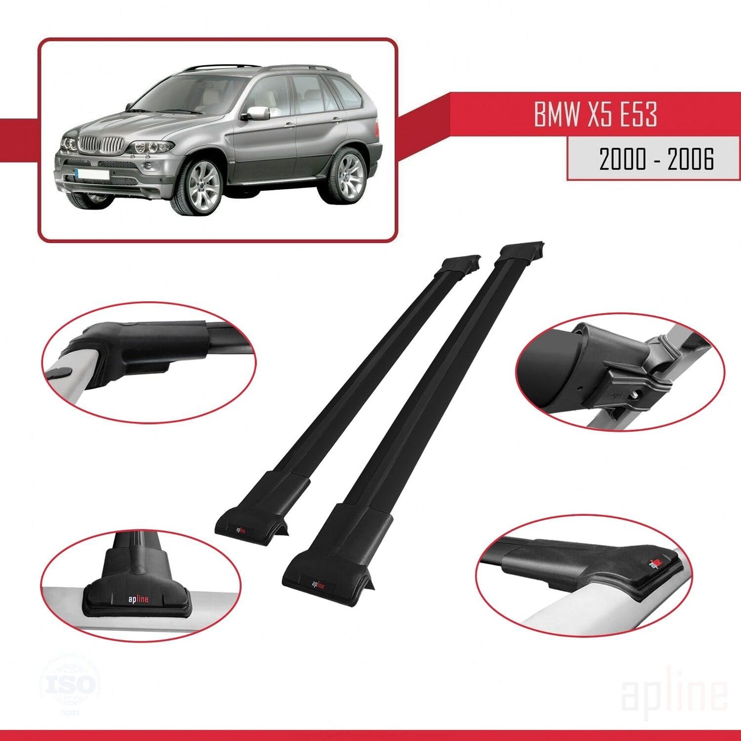 Compatible with BMW X5 (E53) 2000-2006 Fly Model Car Roof Rack Cross Bar Black Aluminium 2 Bars