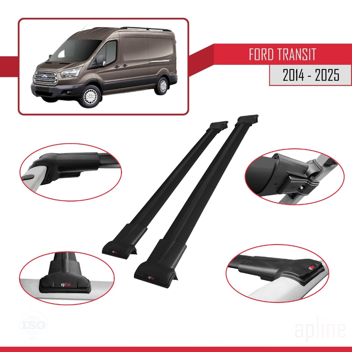 Compatible with Ford Transit 2014-2025 Fly Model Car Roof Rack Cross Bar Black Aluminium 2 Bars