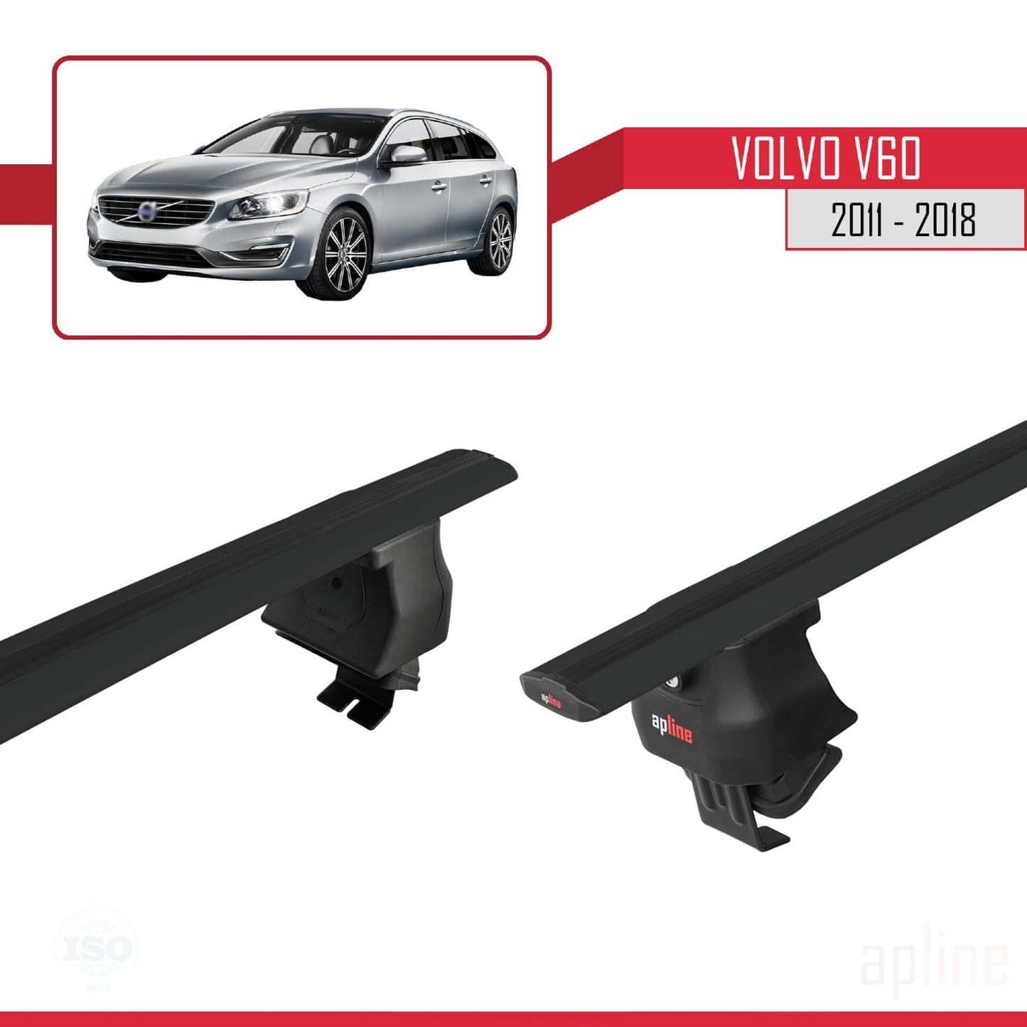 Compatible with Volvo V60 2011-2018 ACE-4 Car Roof Rack Cross Bar Black Aluminium 2 Bars
