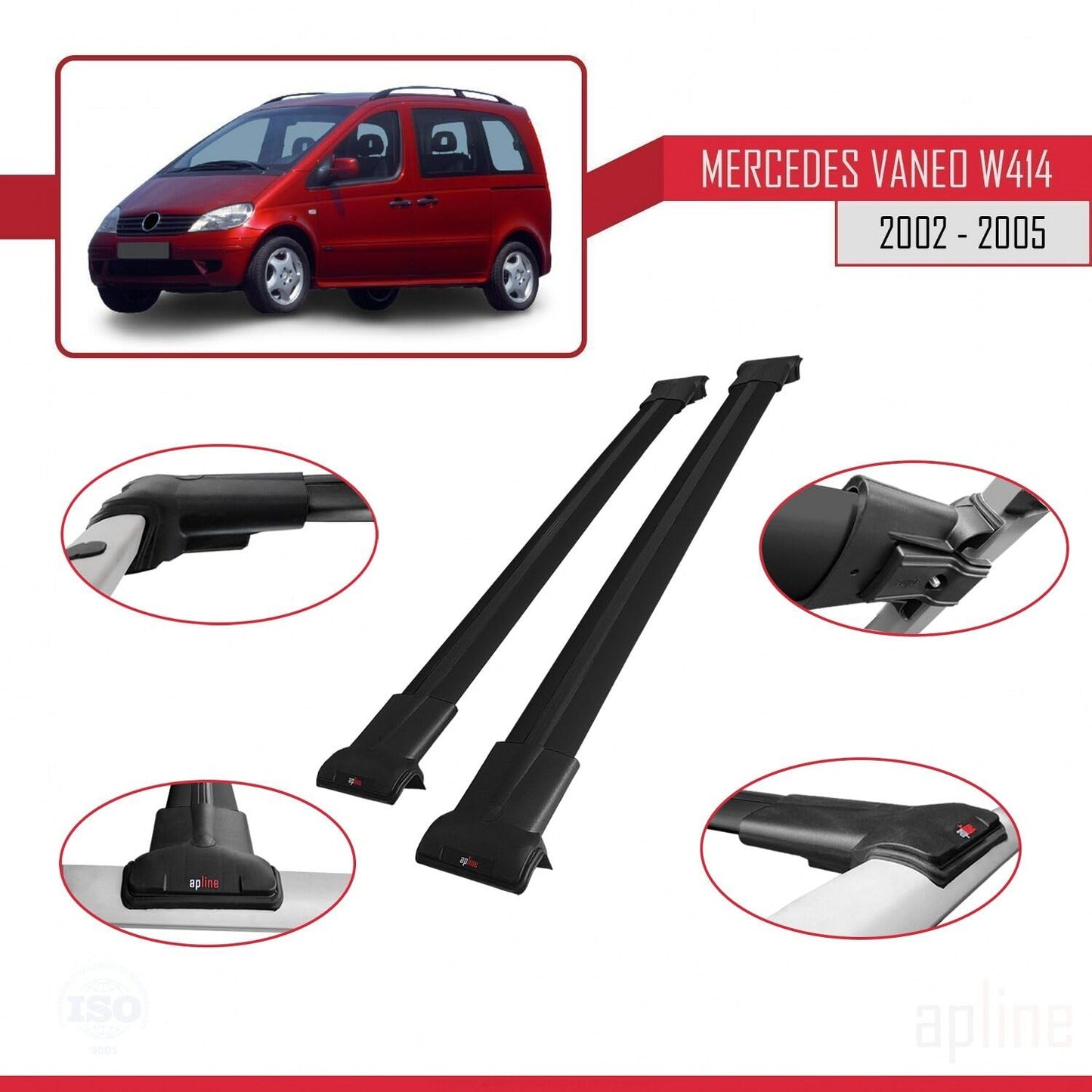Compatible with Mercedes Vaneo (W414) 2002-2005 Fly Model Car Roof Rack Cross Bar Black Aluminium 2 Bars