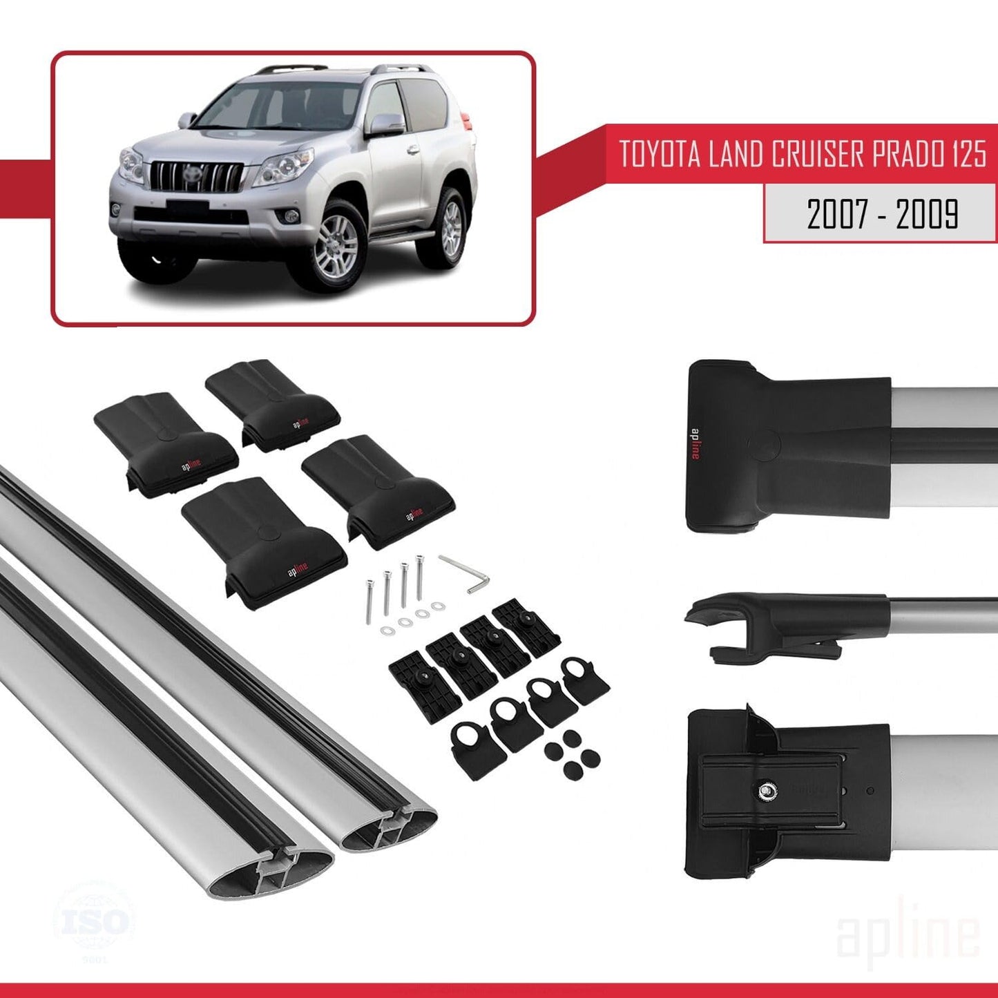 Compatible with Toyota Land Cruiser Prado (J125) 2007-2009 Fly Model Car Roof Rack Cross Bar Grey Aluminium 2 Bars