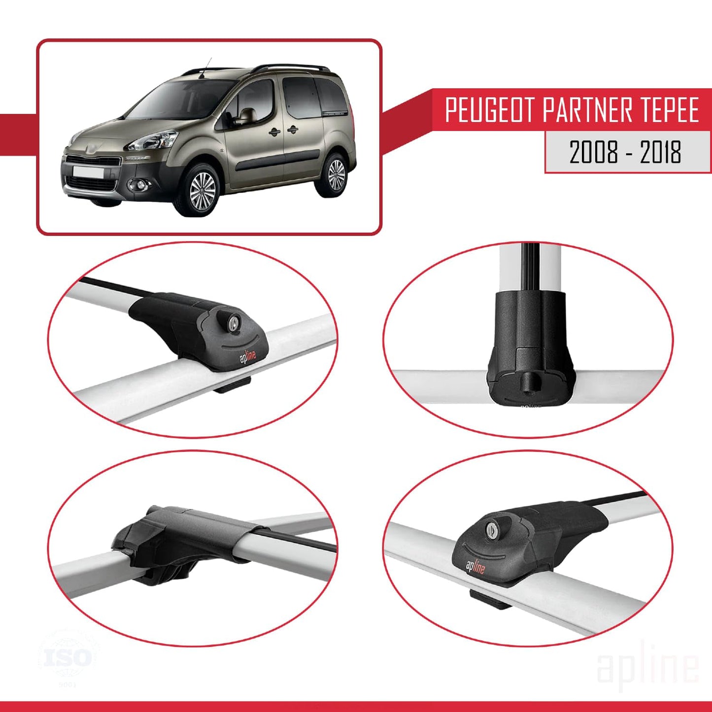 Compatible with Peugeot Partner 2 Tepee 2008-2018 ACE-1 Car Roof Rack Cross Bar Grey Aluminium 4 Bars